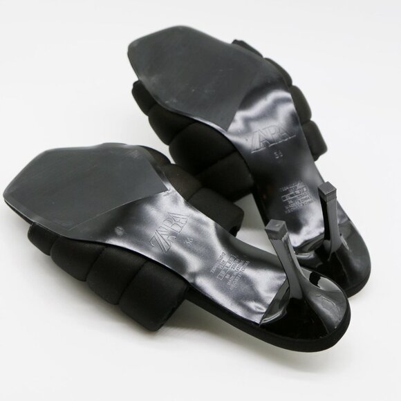 Zara Padded Quilted Slip On Slide Heel Mules Sandals 36 Black Square Toe Comfy - Picture 15 of 16